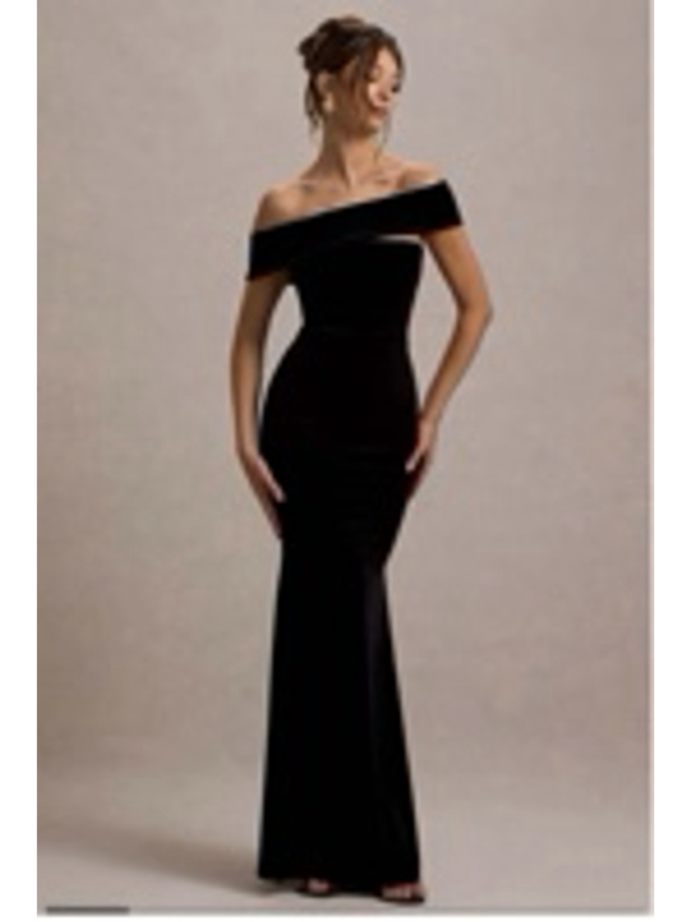 Club L London Black Velvet Candela Asymmetric Bardot Maxi Dress Size 12 NEW
